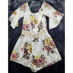 J For Justify Romper Womens Size Large White Floral 3/4 Flared Sleeve Round Neck